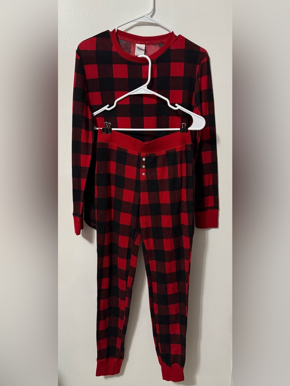 stars above Red and Black Buffalo Plaid Long-Sleeve Pajama Set
